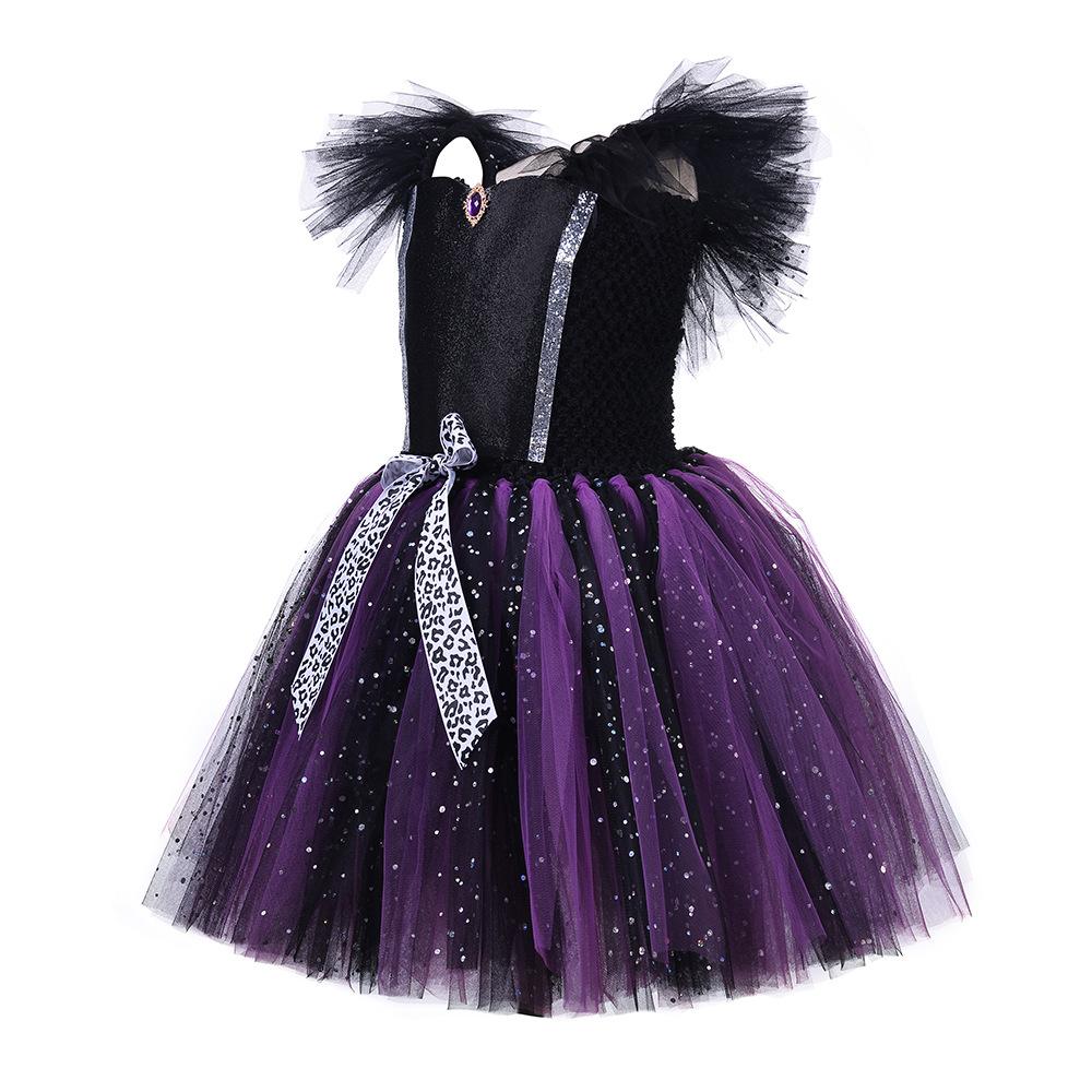 Halloween Dark Horned Witch Cosplay Dress, Black Sheer Mesh Girls Evil Queen Stage Outfit