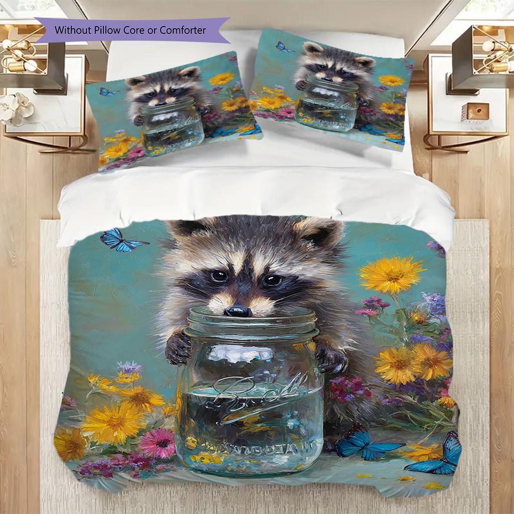 Raccoon Pattern Bedding Quilt Set Quilt Cover Pillowcase Home Decoration Birthday Gift (1 * duvet cover + 2 * pillowcase, without core)