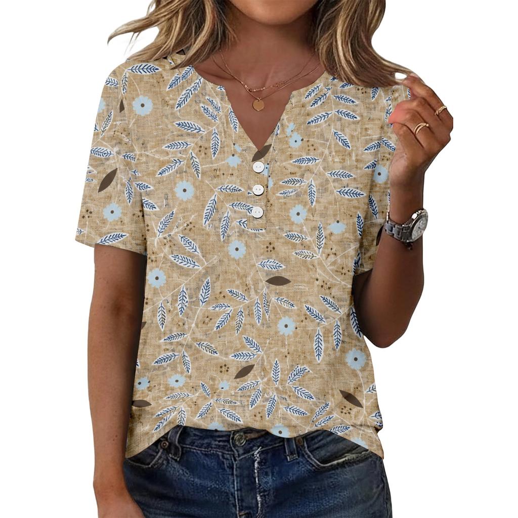 Женская повседневная футболка с цветочным принтом, V-образным вырезом, короткими рукавами и декоративными пуговицами для повседневной носки