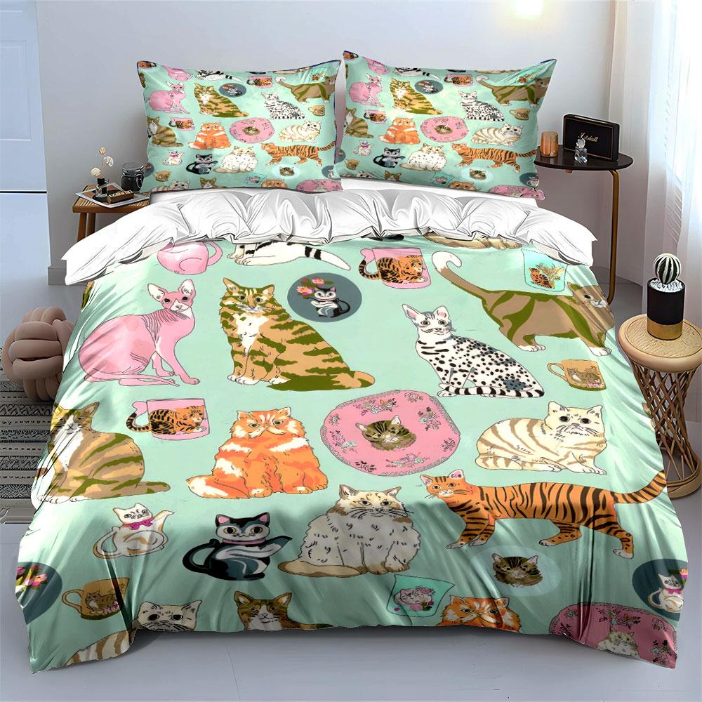3Pcs Vintage Tabby Cat Tea Cup Floral Duvet Cover Set, Light Green Base Kitty Bedding Single Double King Queen, Gift