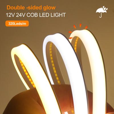 Двусторонняя светящаяся COB светодиодная лента DC 12V 24V для комнаты, высокая яркость 320 светодиодов/м, линейное освещение, водонепроницаемая, гибкая, неоновая лента