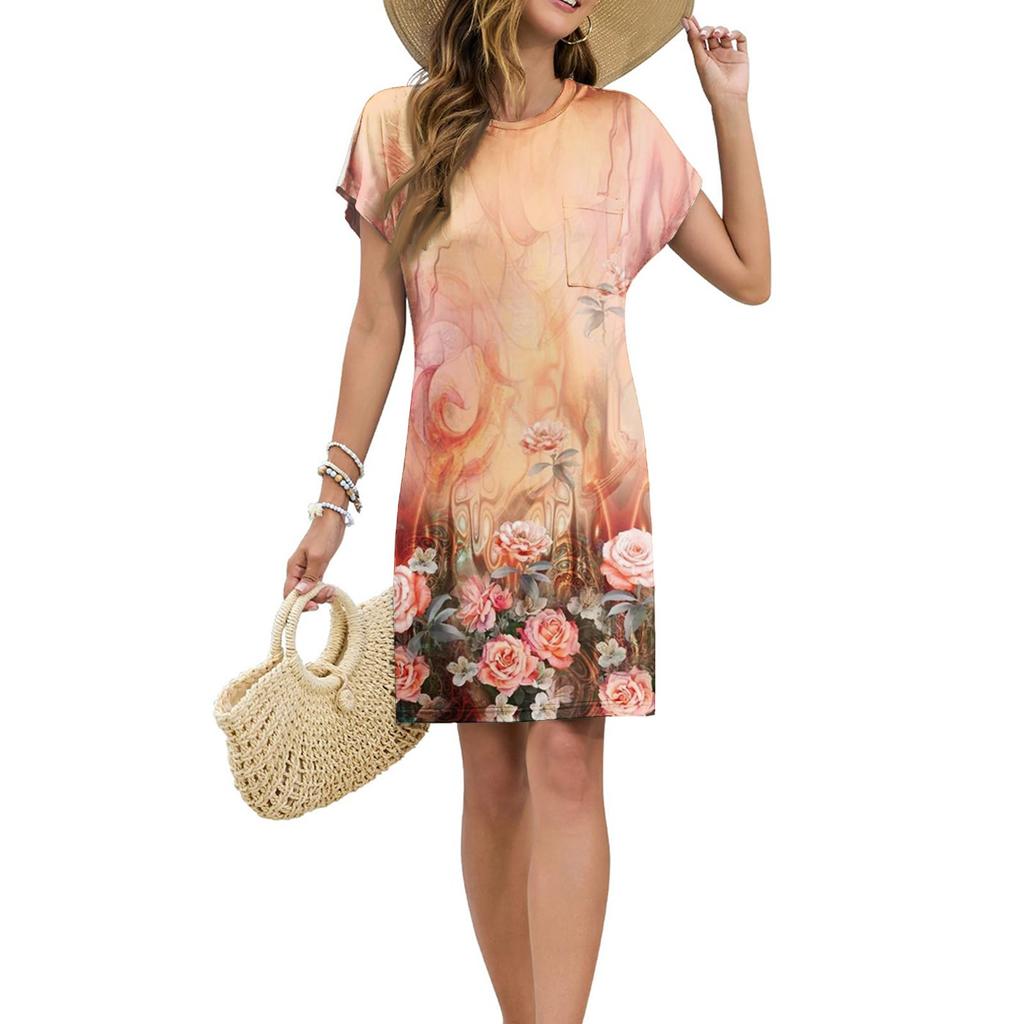 Женское модное повседневное летнее платье с цветочным принтом в стиле ретро и коротким рукавом и круглым вырезом
