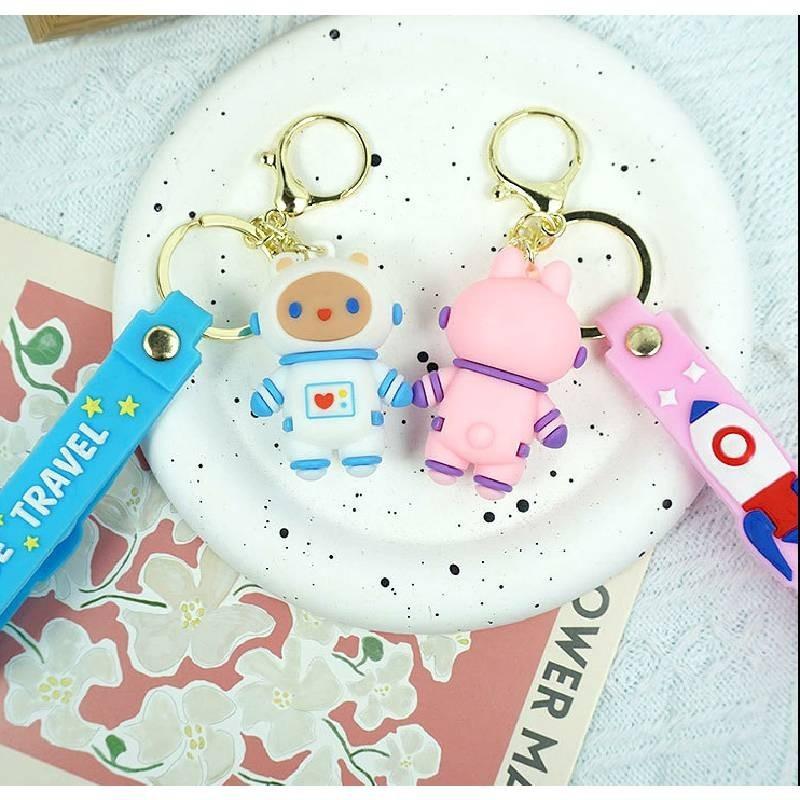 Stylish Cartoon Astronaut Bear Keychain Cute Rubber Key Accessory In Blue For Couples