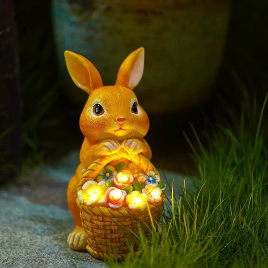 Садовая статуэтка кролика на солнечной батарее Yousheng с 5 светодиодными лампами, цветочная корзина, уличная резиновая фигурка кролика, украшение для патио, двора, лужайки, пасхальное украшение