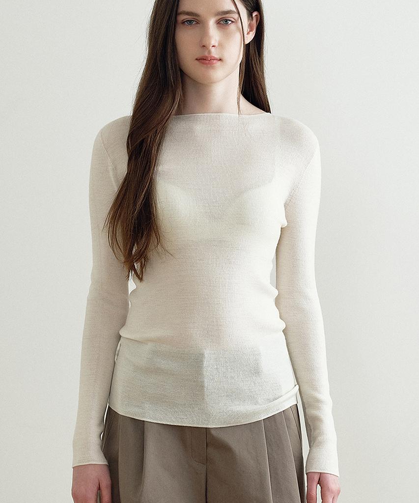 MAKE A TOAST Thin Boat Neck Wool Knit Top (Ivory) Mbfsnt003Iv