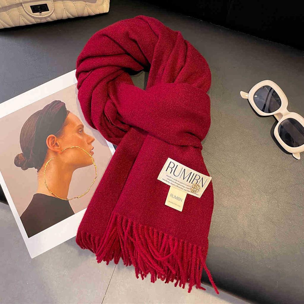 Земляной цвет, базовый однотонный большой шарф с кисточками, темперамент, утолщенная теплая шаль, мягкая клейкая шея