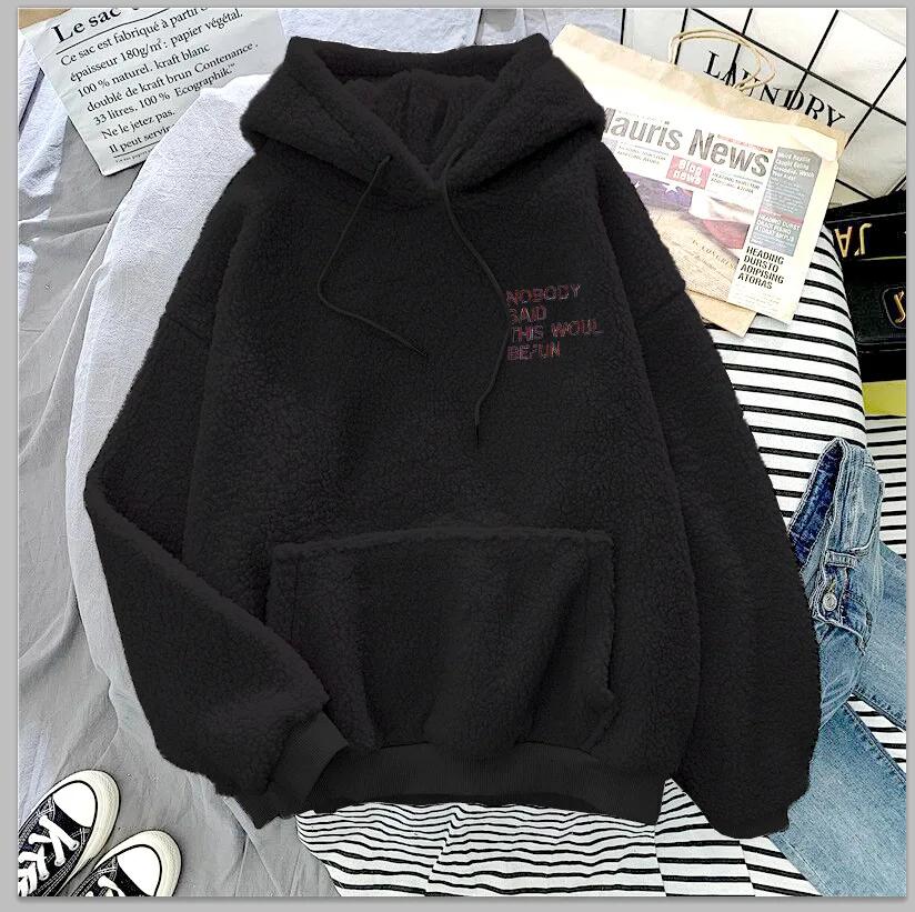 New Autumn Winter Women Sweatshirt Hooded Letter Embroidery Loose Pocket Hoodies Fleece Flannel Pullover 2025
