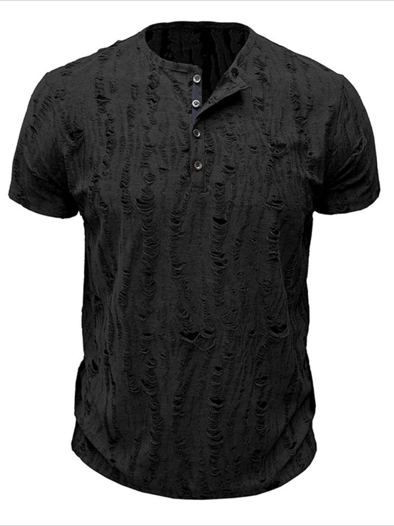 Мужская футболка с коротким рукавом, рваная, ретро, мужская мода, рубашка-henley, мужские повседневные модные топы, приталенный крой