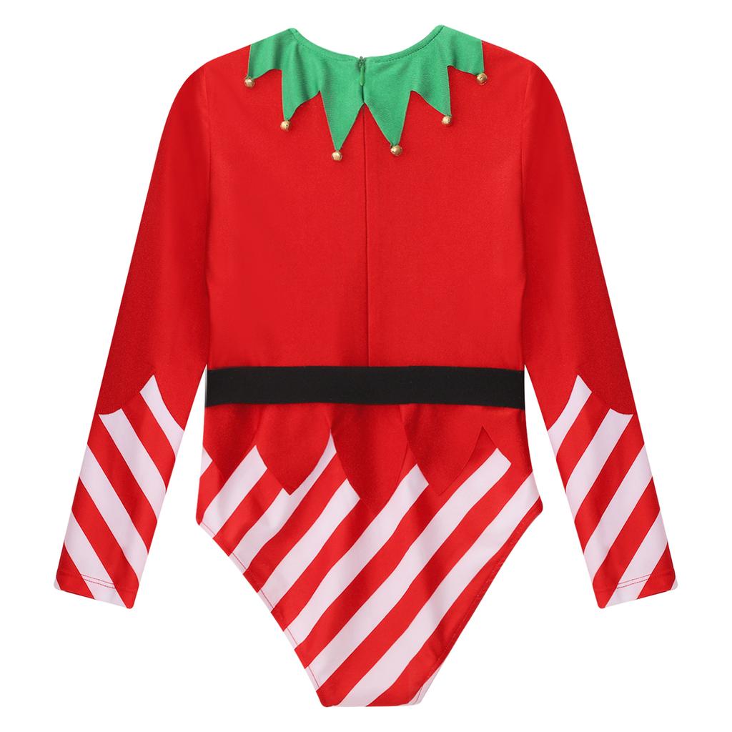 Kids Dance Leotard Christmas Costume Long Sleeve Stripes Brass Bells Belt Athletic Wear