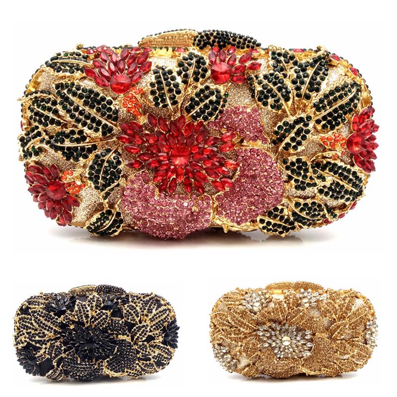 Floral Women Crystal Rhinestone Evening Bags Black Diamond Clutch Bag Wedding Bridal Clutches Gold Metal Handbag Purse Bags