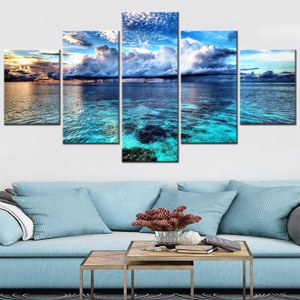 5 Pieces Set Canvas Wall Art - Sky Calm Waters Landscape Decorations for Home Room Poster Print