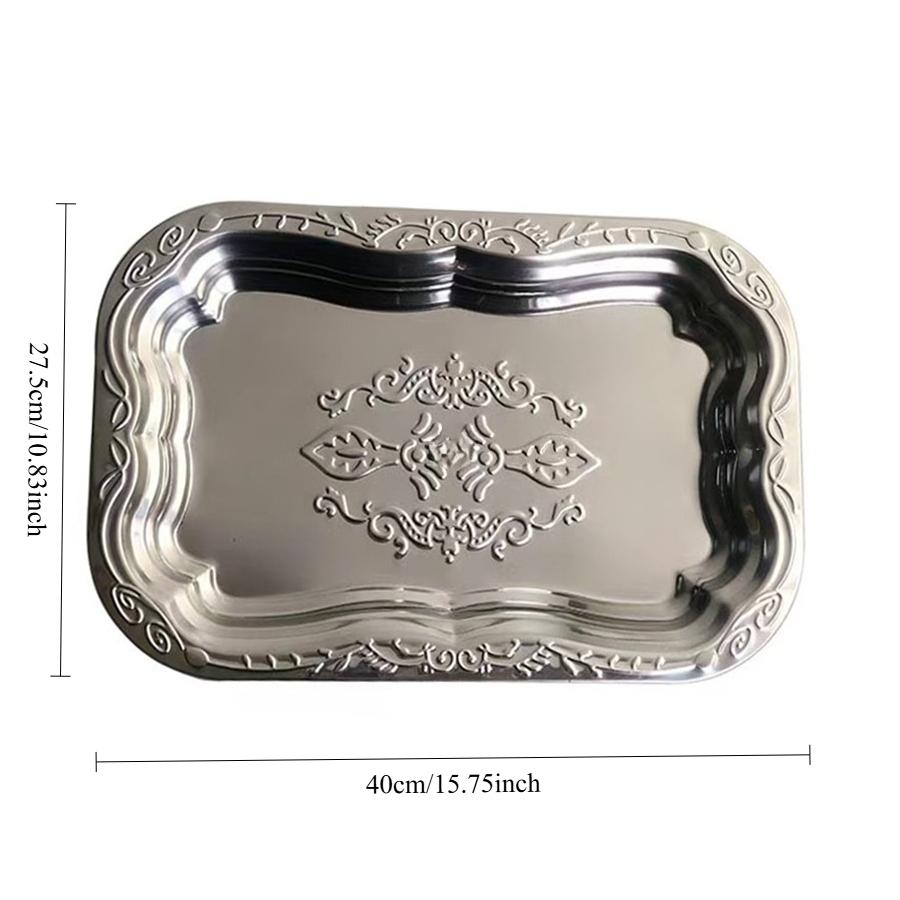 1 шт. Прямоугольный поднос из нержавеющей стали с тисненым дизайном для хранения на кухне, в гостиной, прочное блюдо для подачи фруктов, закусок, торта