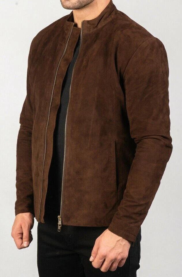 Мотоциклетная стильная замшевая куртка из натуральной овчины, коричневая, на молнии, ручной работы, мужская, байкерская