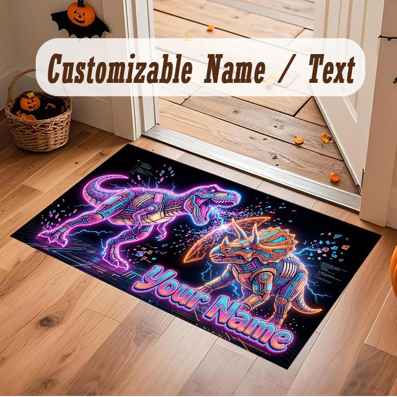 Dinosaur Theme Soft Crystal Velvet Rug Custom Name & Text Print Non Slip Floor Rug for Bedroom Living Room
