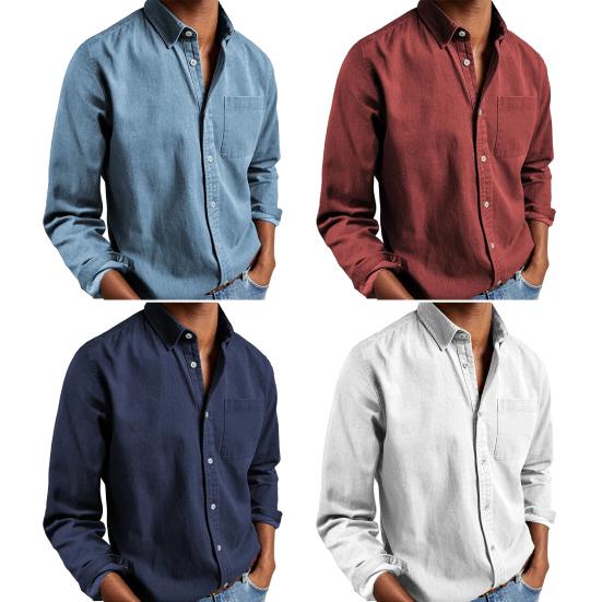 Spring Men Shirt with Chest Pocket Turn-down Collar Single-breasted Loose Cardigan Pure Color Formal Top Mid Length Casual Shirt