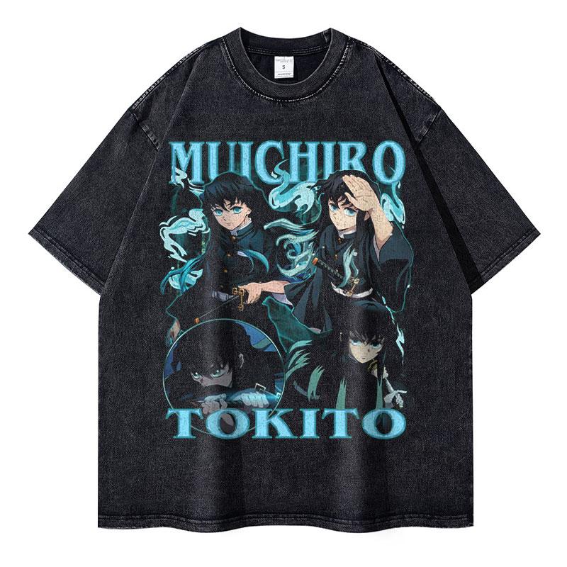 Аниме Demon Slayer Футболки Винтажная стирка Kimetsu No Yaiba Футболка Оверсайз Короткий рукав Манга Кокушибо Аказа Доума Топы Футболки