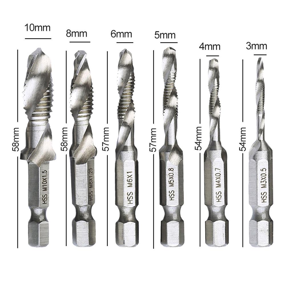 HSS Thread Spiral Screw Metric Composite Tap Drill Bit 6pcs 1/4 Hex Shank Tap M3 M4 M5 M6 M8 M10 Woodworking Tool