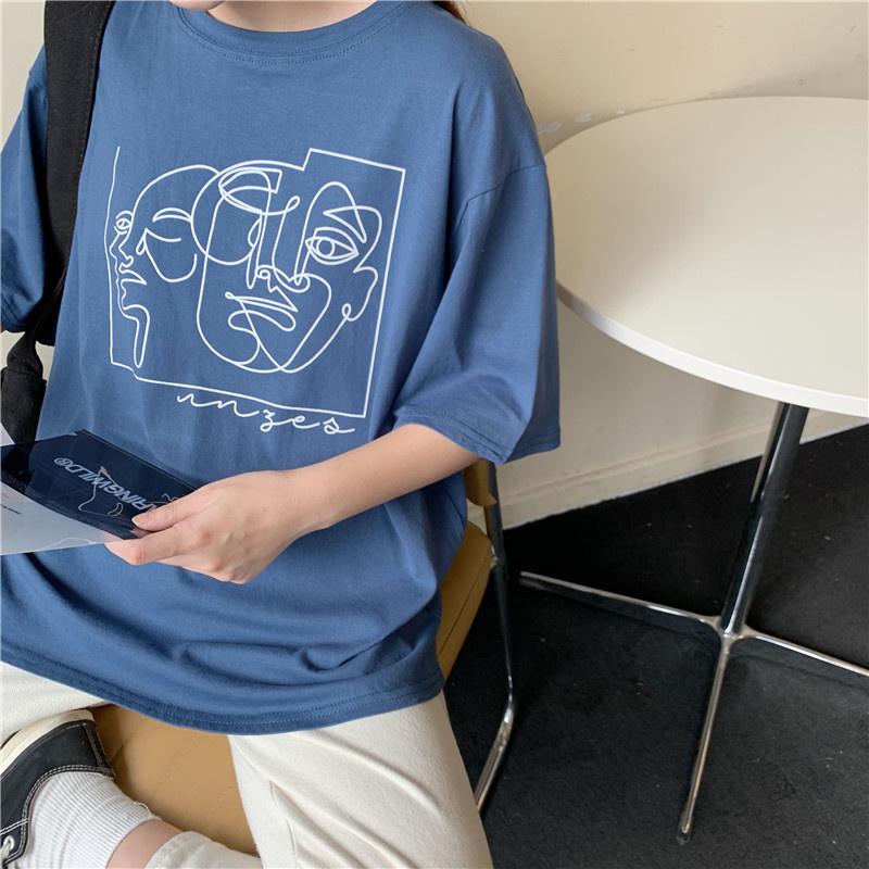 Hirsionsan Fashion Abstract Line Printed T Shirt Women Funny Graphic Soft Loose Female Tees Cotton Summer Casual Tops Khaki Tshirts 2021