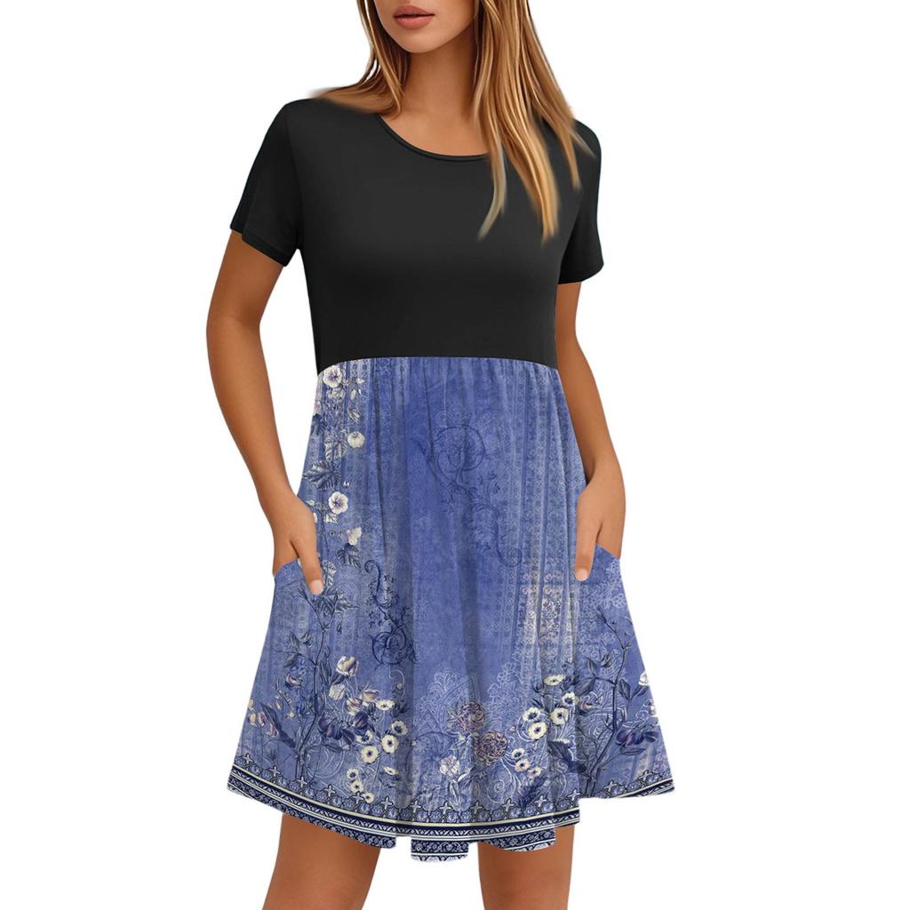 Женские модные повседневные свободные платья с круглым вырезом и коротким рукавом с принтом и карманами