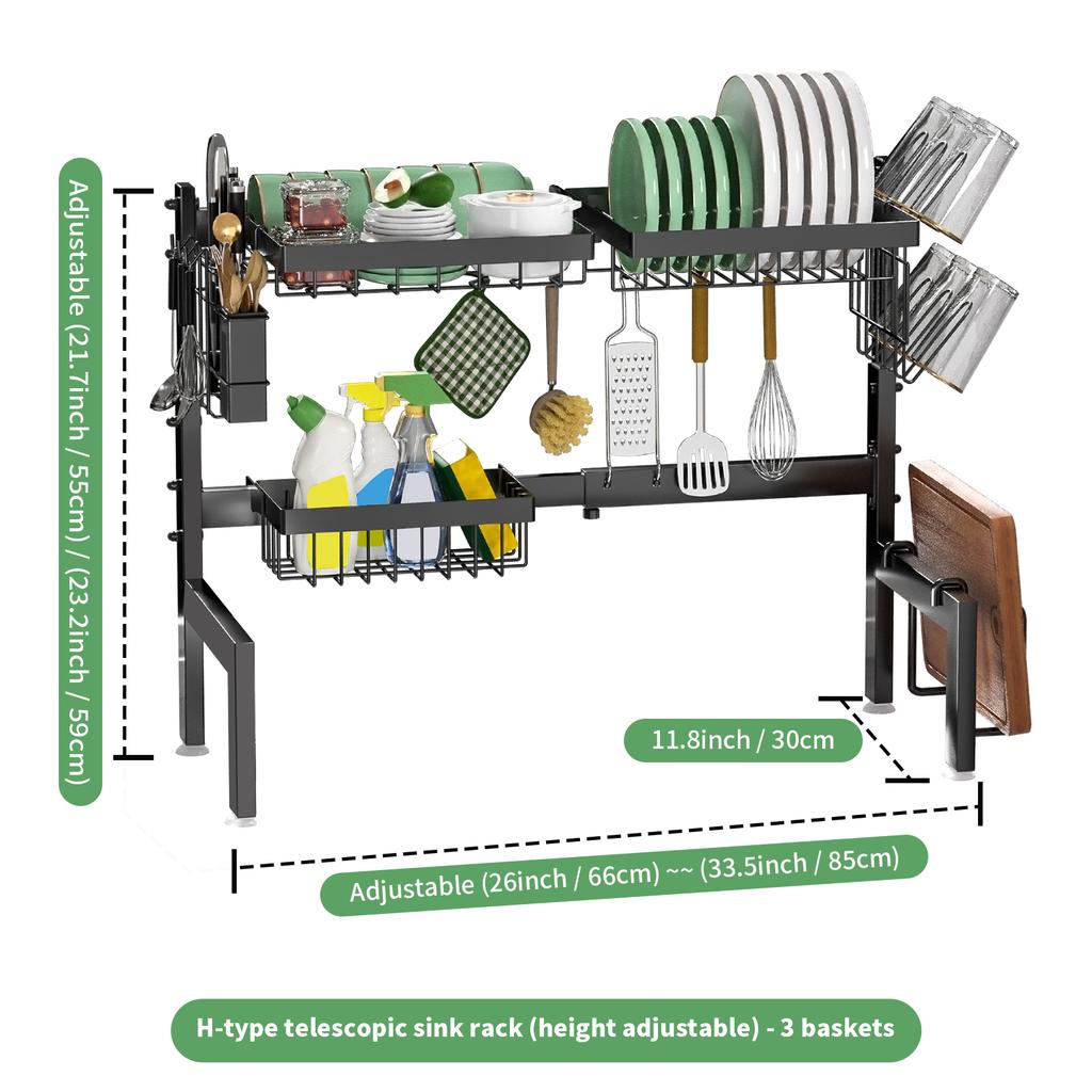 Large Over the Sink Dish Drying Rack Kitchen Tablewares Storage Shelf Adejustable Height and Length Rust Proof Black