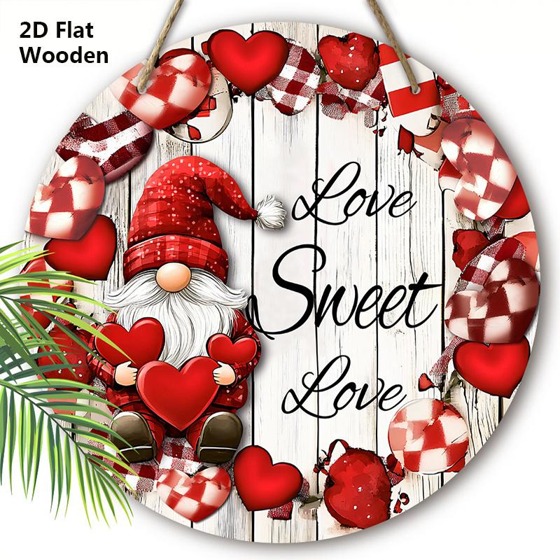 Valentine's Day Wooden Sign with Gnome Pattern - Romantic Round Ornament for Front Door, Wall Hanging Decor - Ideal Gift for Couple