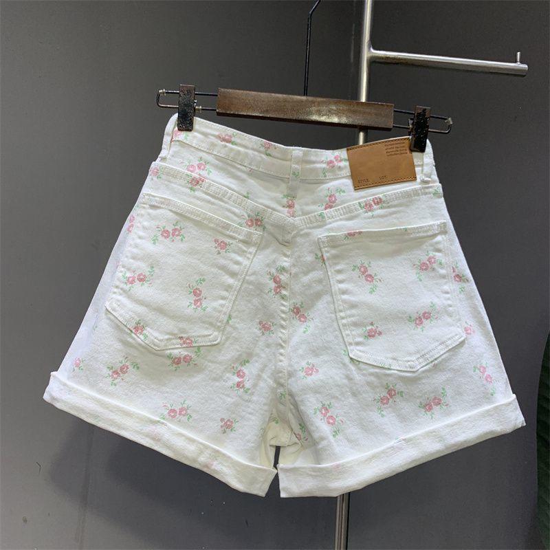 Женские белые цветочные шорты из денима Revers 2025 года, новые универсальные брюки с высокой талией, корейские летние широкие брюки-полукомбинации