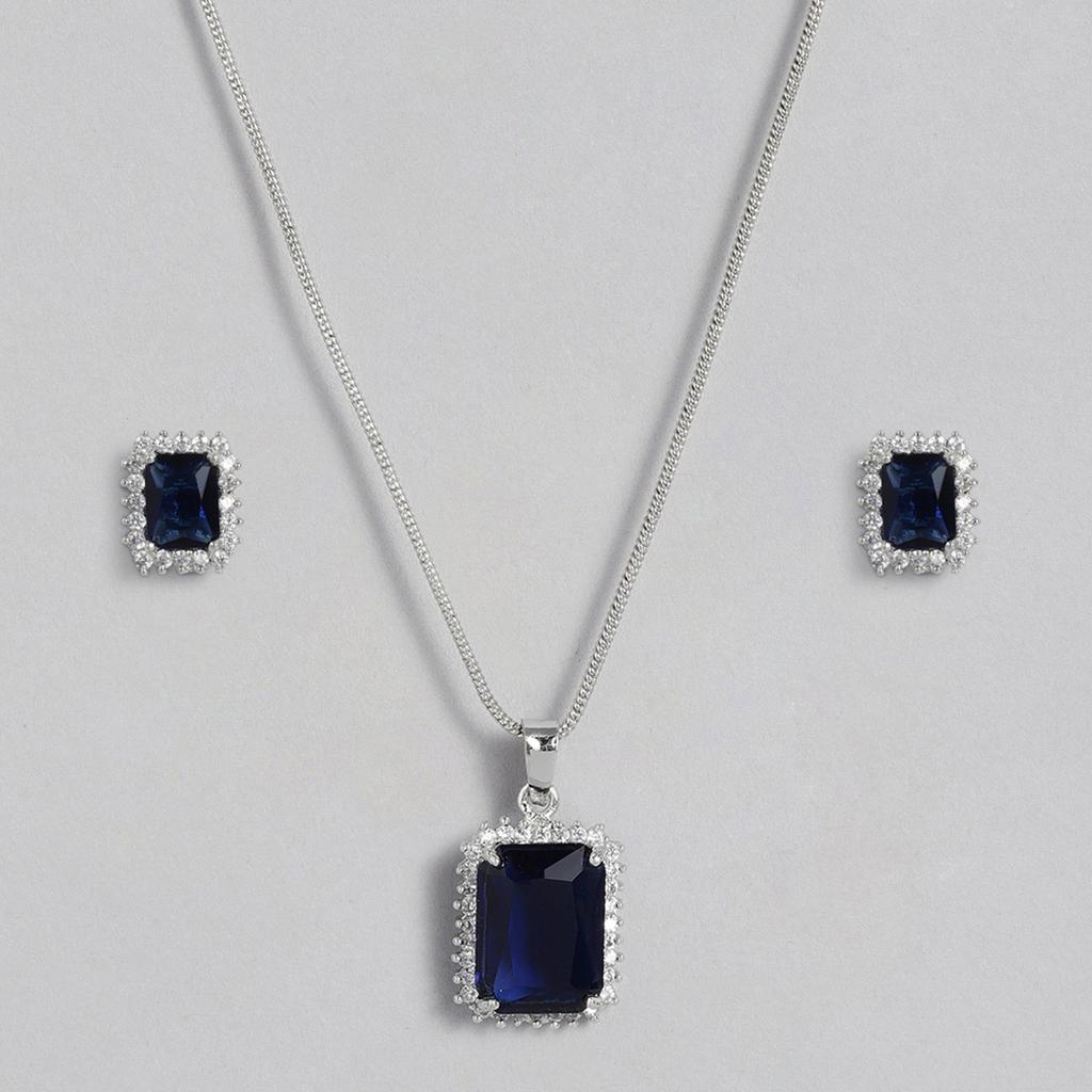 Набор подвесок Estele квадратной формы с родиевым покрытием CZ и синими камнями для женщин