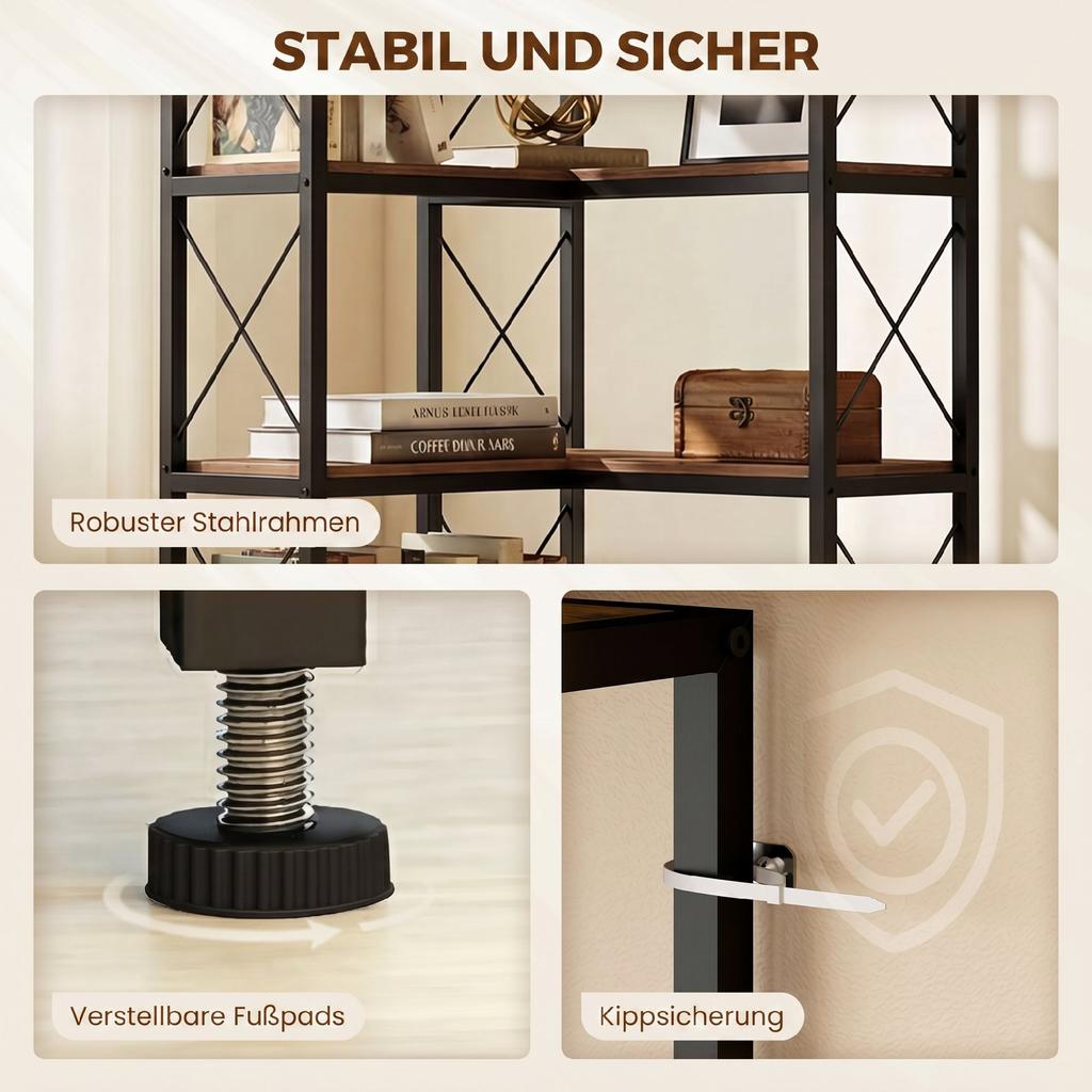 6-Tier L-Shaped Bookshelf, Freestanding Corner Bookcase with Metal Frame, Rustic Brown
