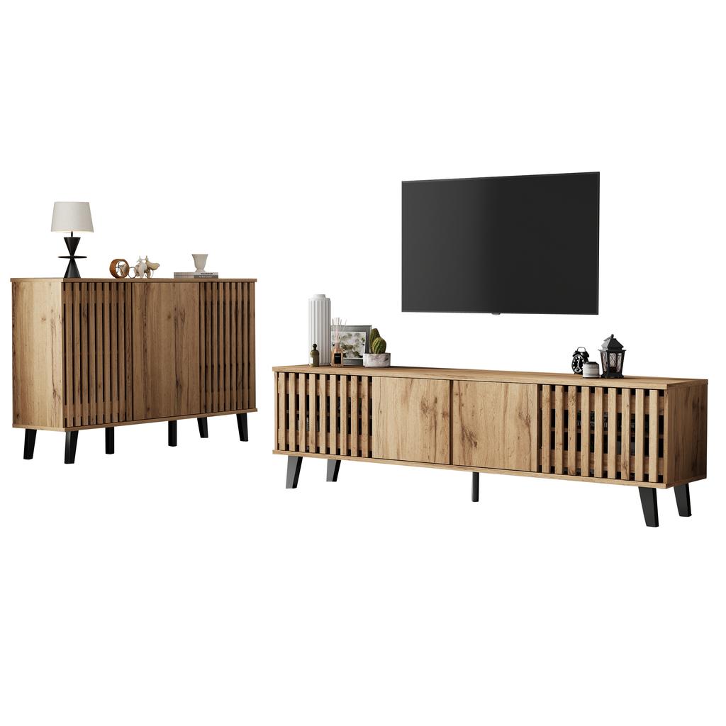 TV Cabinet (180×40×55 cm) and Sideboard (150×40×95 cm), Natural Wood – 8 Compartments, 6 Storage Compartments, Suitable for Living Room and Bedroom