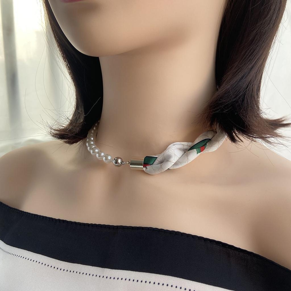 French Silk Scarf Necklace Imitation Pearl Clavicle Neck Magnetic Buckle Scarf