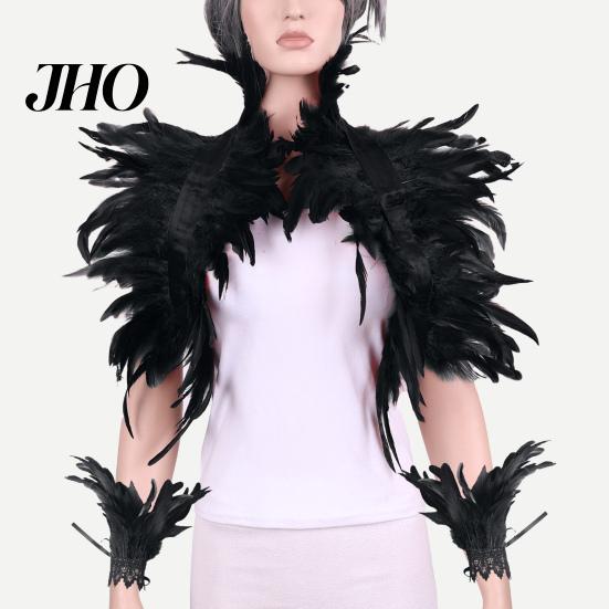 Feather Shawl 1 Set Fake Collar with Wrist Ring Gothic Style Imitation Adjustable Velvet Strap Hollow Out Lace Unisex Model Stage Show Performance