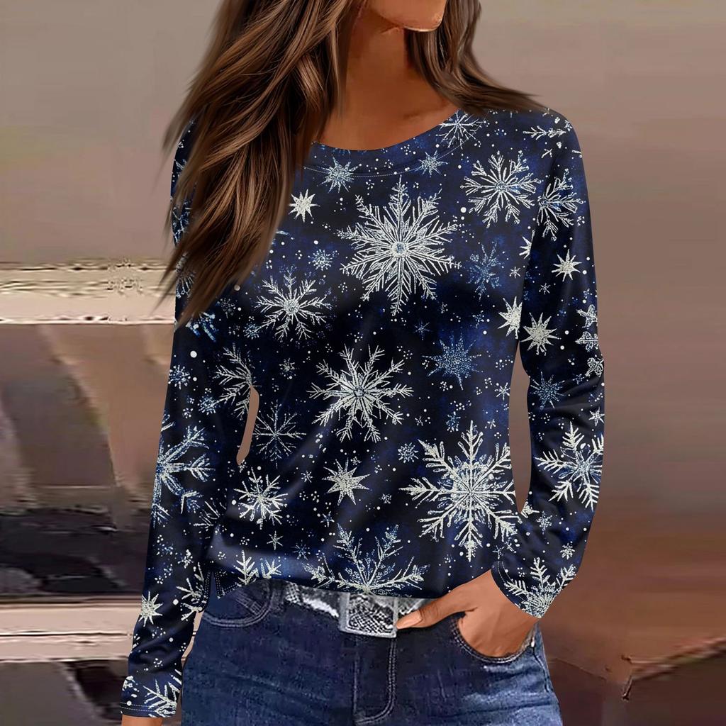 Длинные рукава женские топы цветочный принт винтажная мода повседневные свободные с R-образным вырезом рубашки больших размеров Рождество