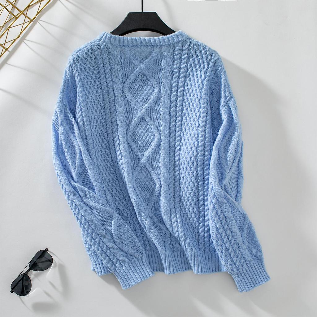 Autumn Winter Vintage Loose Long Sleeve Top Solid Color Cardigan Knitwear O-Neck Sweater