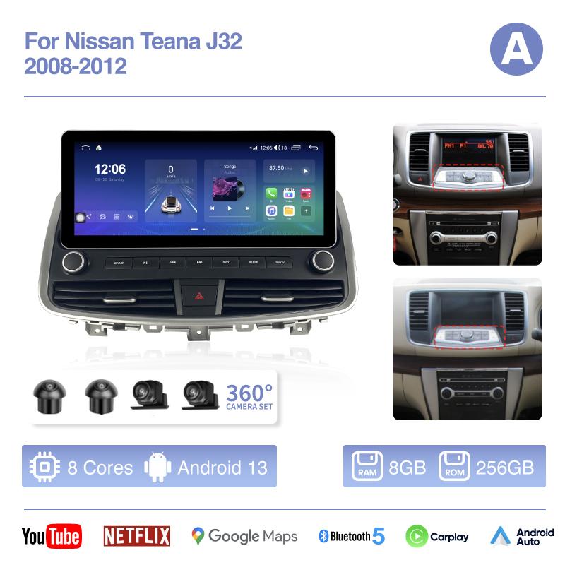 12.3" Для Nissan Teana J32 2008-2012 Автомобильный мультимедийный видеоплеер GPS-навигация Радио Android13 8 ядер 8+256 Carplay 4G 360-камера