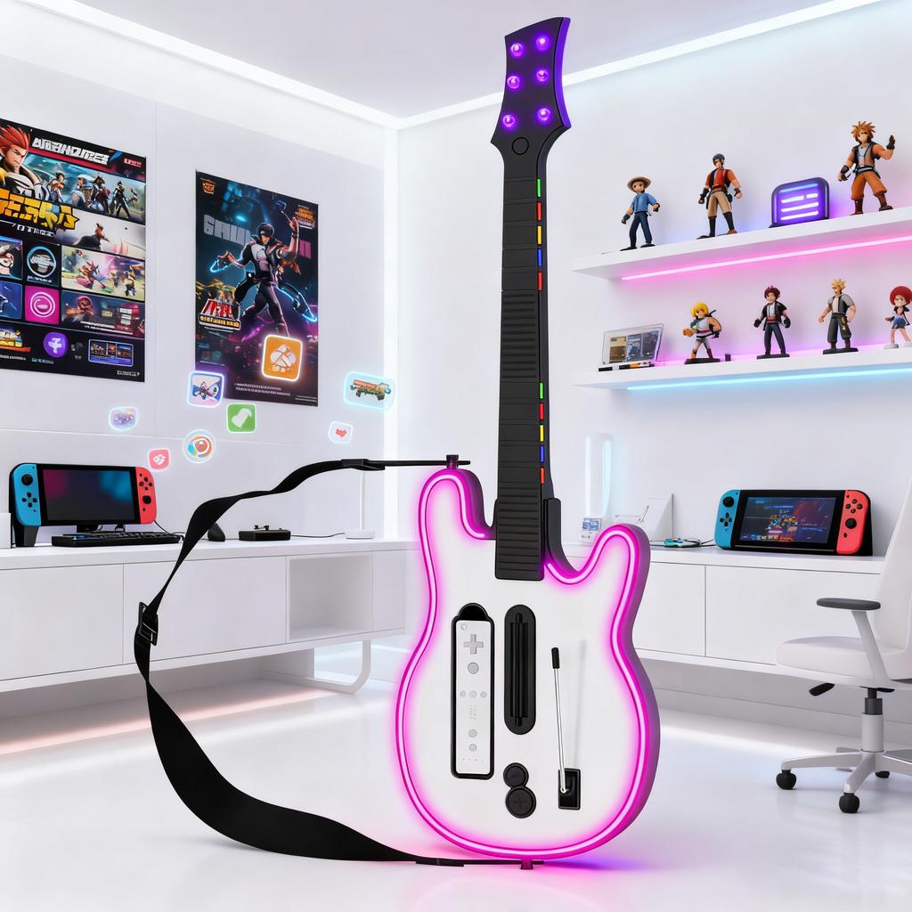 Беспроводной гитарный контроллер для Wii Remote, поддержка игр Guitar Hero и Rock Band 2 на Wii U, с ремешком и RGB-подсветкой W001