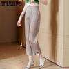 Женские плиссированные брюки летние Mom эластичный пояс прямые свободные утягивающие повседневные прямые укороченные брюки