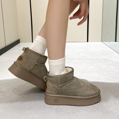 Зимние ботинки для женщин, коровья замша, толстая хлопковая подошва, теплые ботинки, универсальная хлопковая обувь, осенне-зимняя, с интегрированным мехом, косой носок