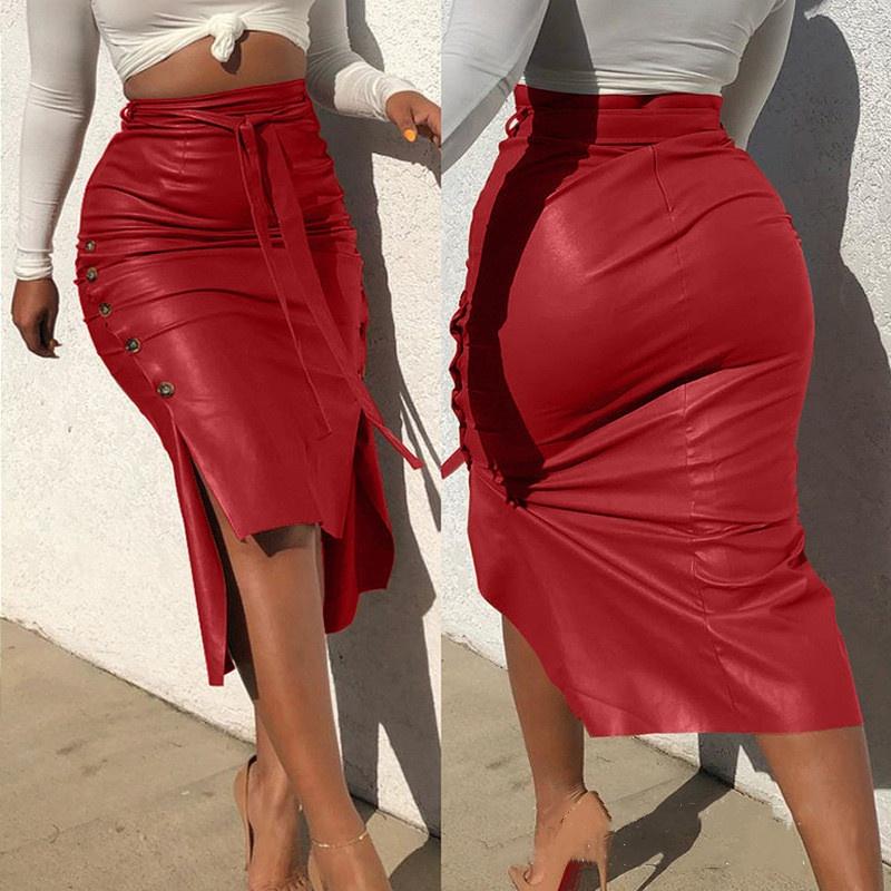 Stylish PU Leather Women's Solid Color Wrap Hip Skirt High Waist Lace-up Edge Buckle Slim Pencil Skirt