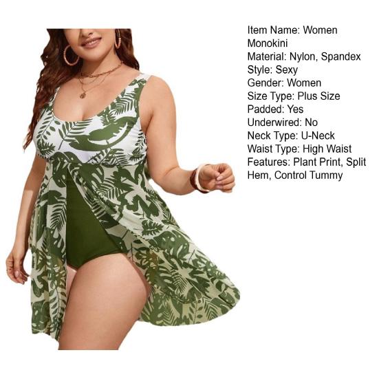 Женское монокини больших размеров с U-образным вырезом без рукавов и растительным принтом, цельный купальник с разрезом по краю, купальный костюм с контролем живота, быстросохнущая пляжная одежда