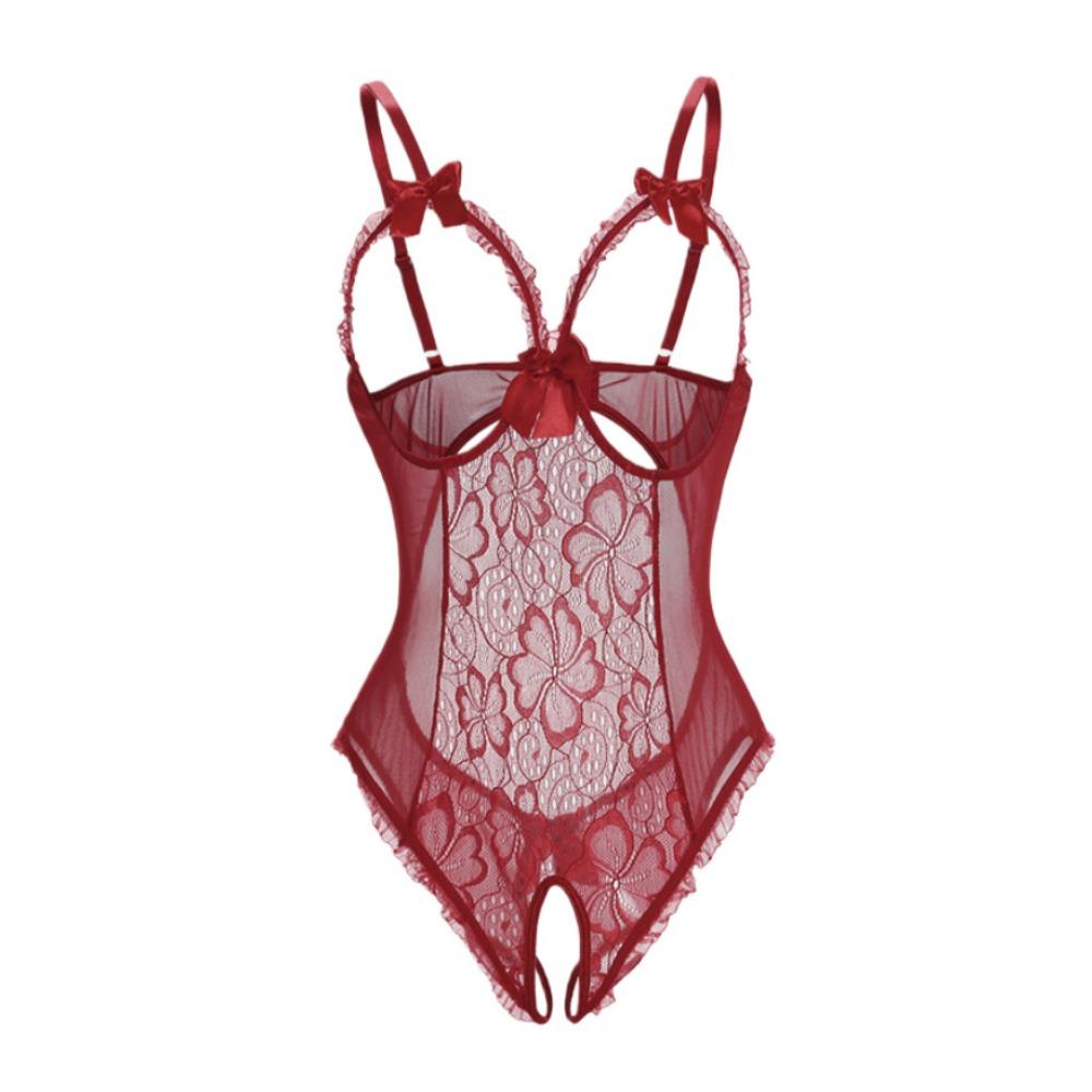 Deep V Women Underwear Open Crotch Lace Sling Nightwear Sweet Lace Bow Bodysuit  Gifts