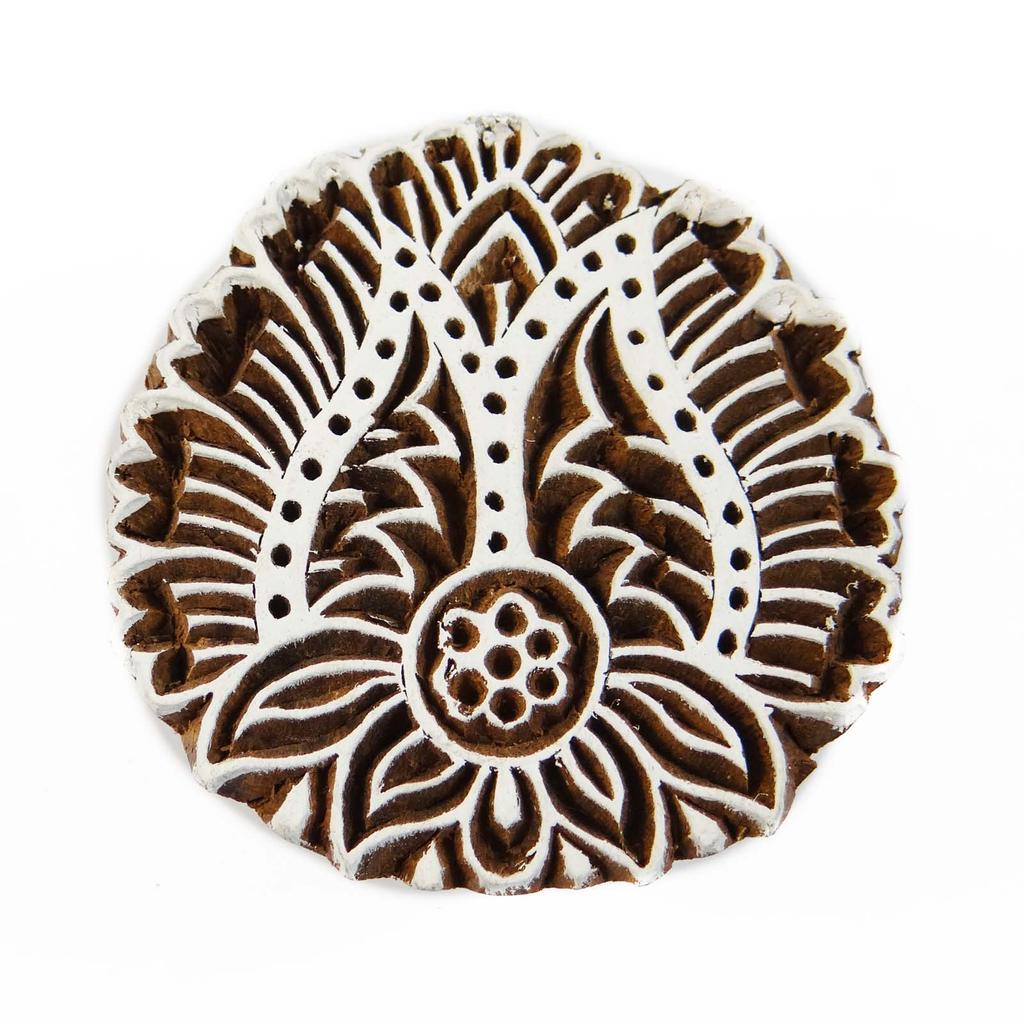 Brown Hand Carved Printing Block Wooden Textile Stamp Floral Stamp Block