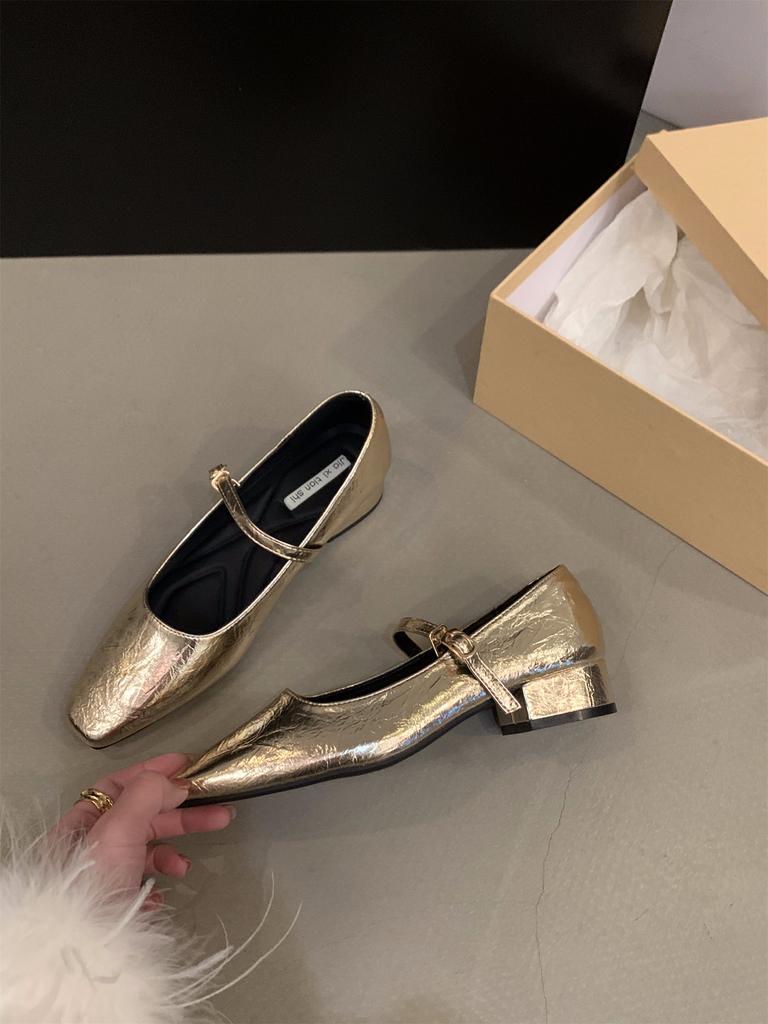 Coarse heel silver Mary Jane single shoes women's shoes 2025 new spring and autumn square head French spring with skirt evening shoes