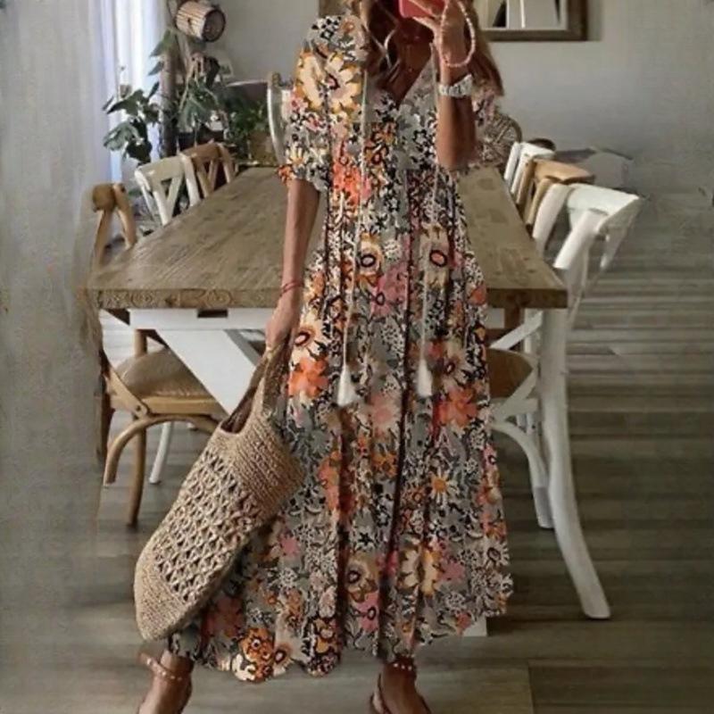 IHUASU Женские повседневные платья с V-образным вырезом и принтом, с подтяжками, с длинными рукавами