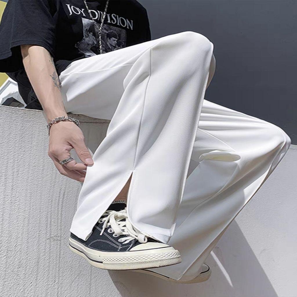 Мужские модные брюки с разрезом, черные, в стиле Харадзюку, свободные повседневные брюки, корейская офисная одежда, костюмные брюки, мужские модные брюки-блейзеры