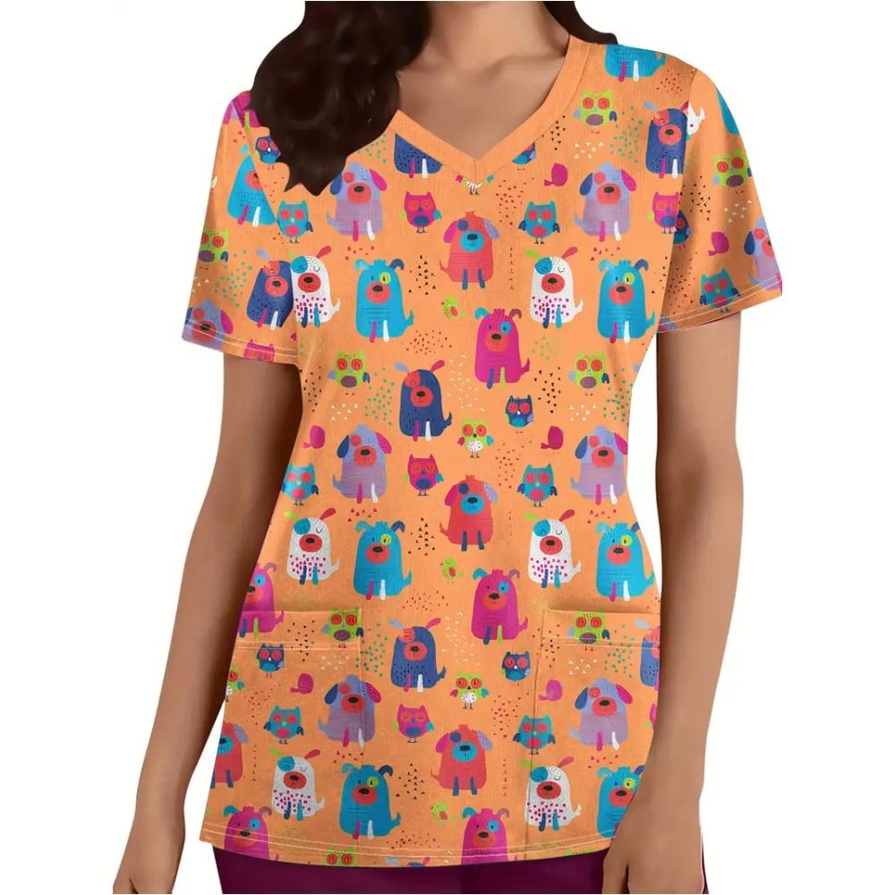 Women's Medical Uniforms Animal Cartoon Pattern Tee Fashion Patch Pocket Short Sleeve Tops Casual V-Neck Vet Nurse Uniform Woman