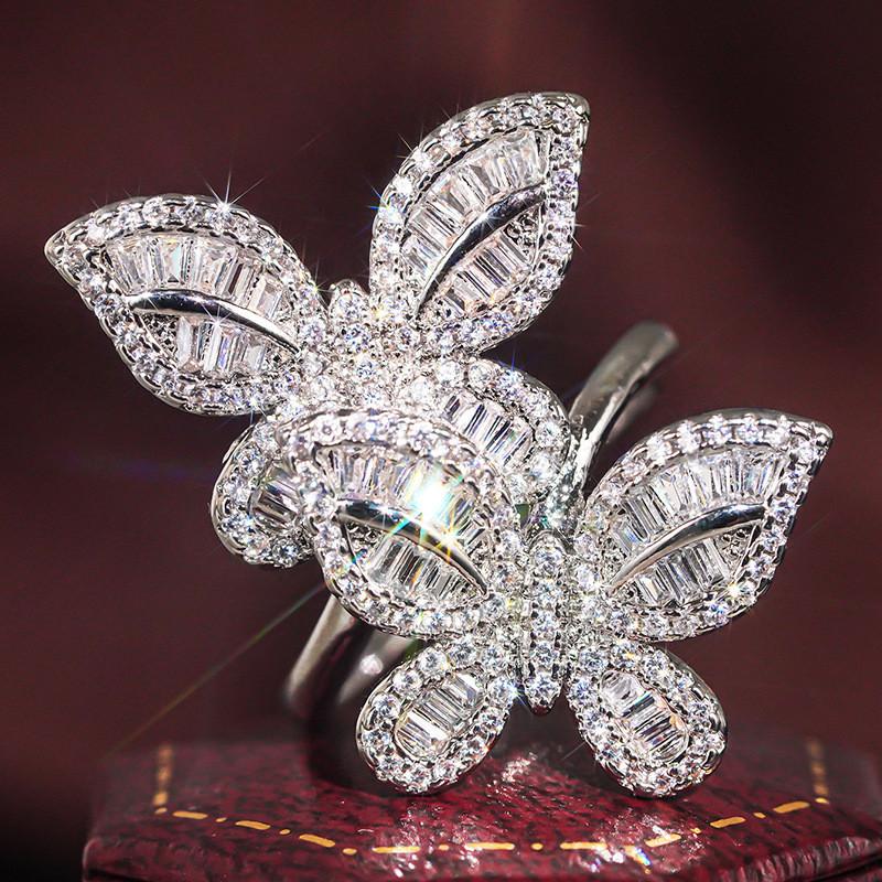 925 Sterling Silver Big Butterfly Rings For Women New Fashion Micro Pave Shinning Zircon Statement RingGood product