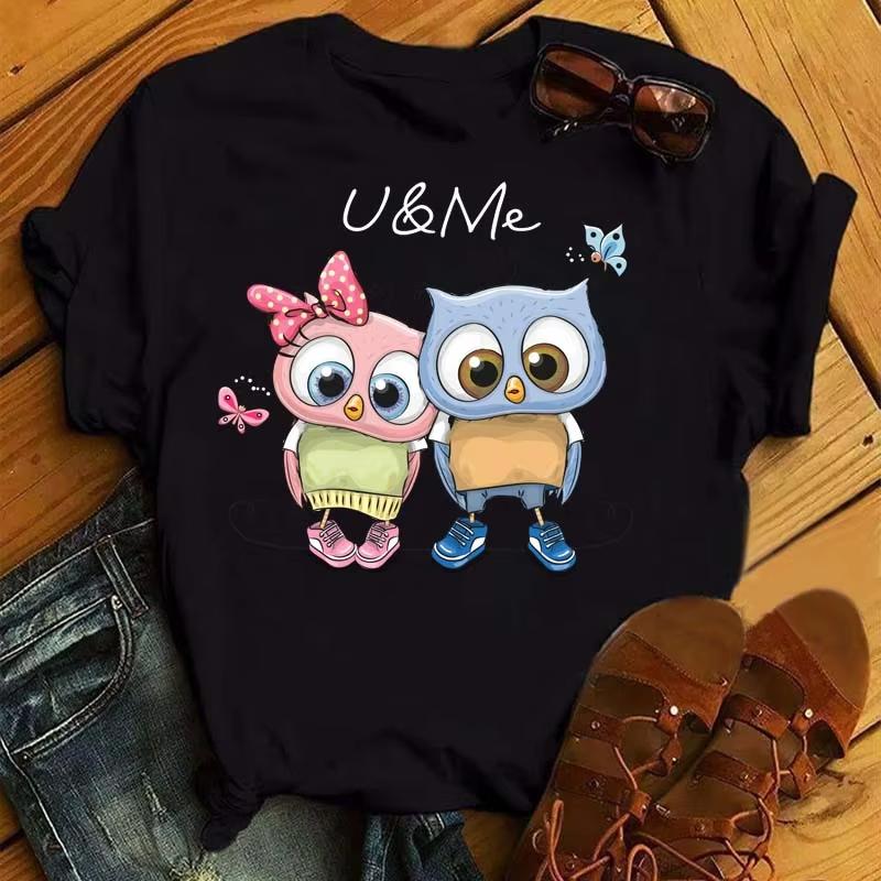 Cartoon Owl Printed Pure Cotton Tshirt with Cute Pattern for Unisex and Women Casual Round Neck Harajuku Style Short Sleeved Shirt