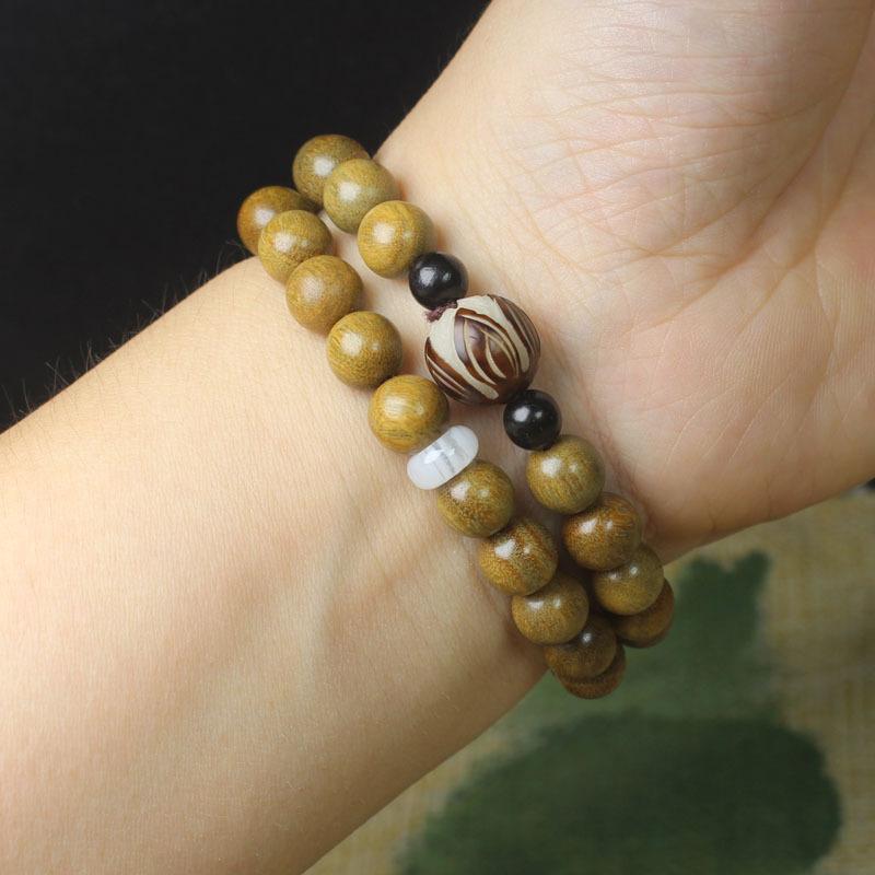 Double Strand Green Sandalwood Lotus Beaded Bracelet Unisex Handheld Wooden Ornament