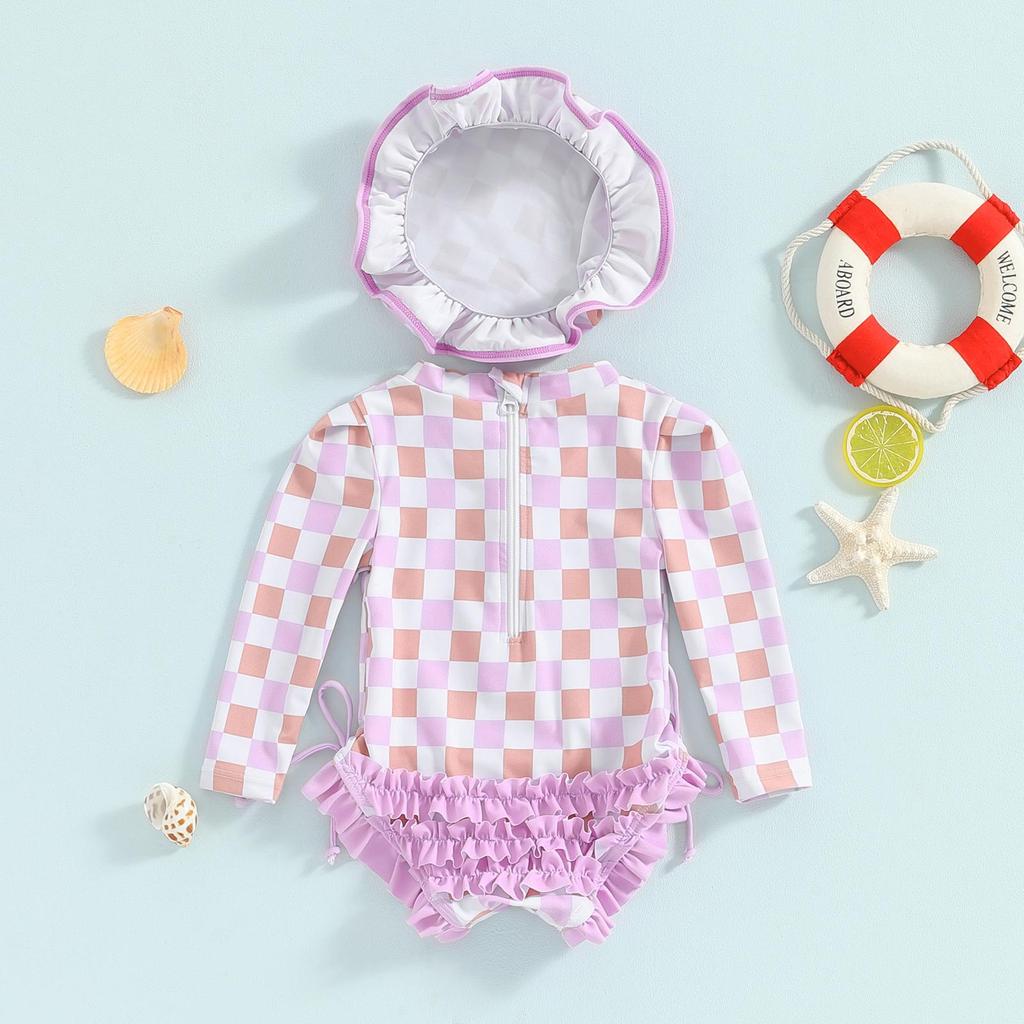 Купальник рашгарда для маленьких девочек 3, 6, 12, 18, 24 месяцев, купальный костюм с длинными рукавами и цветочным принтом/мороженого, детский купальник с шляпой от солнца