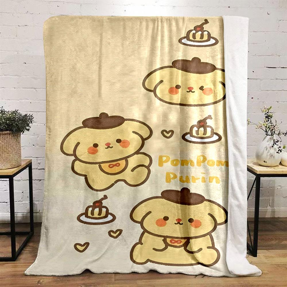Cartoon dog in a beret with pudding, hearts, and "Pompom Purin" text. for all seasons blanket lunch break throw gift